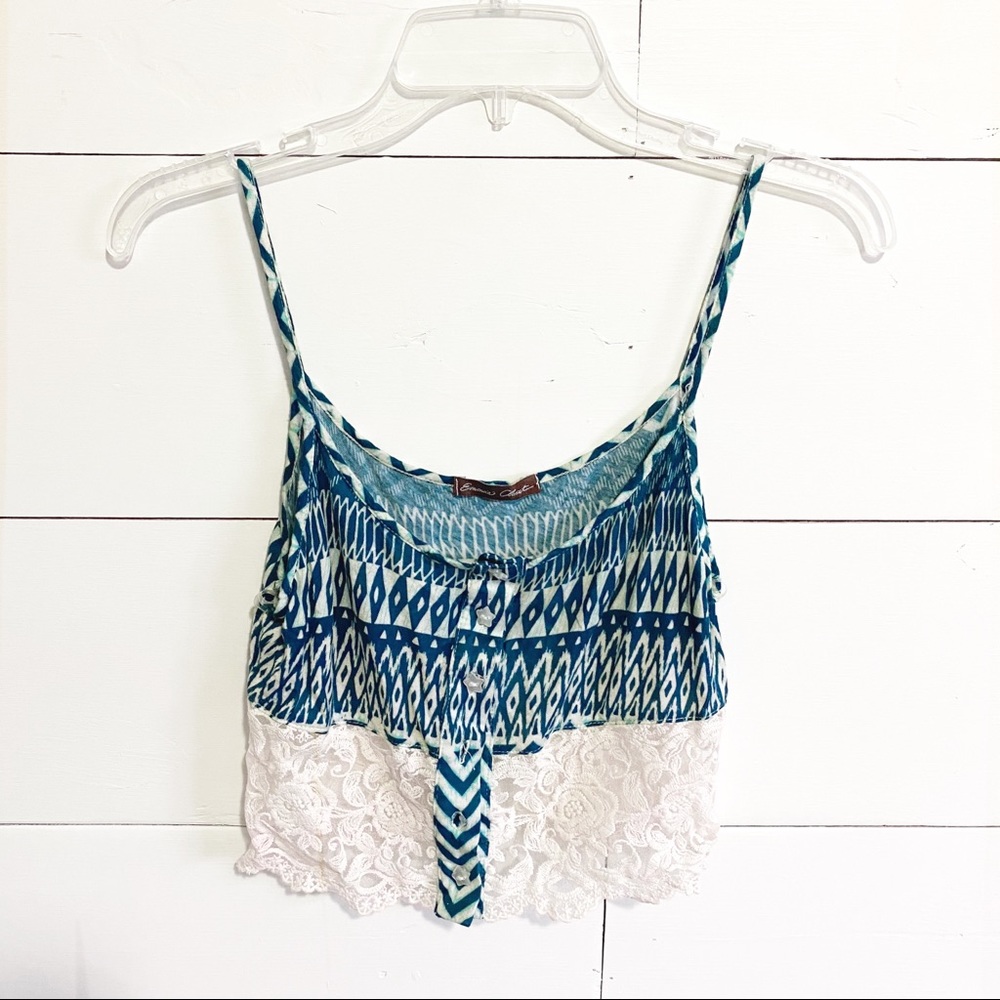 teal geometric lace crop top